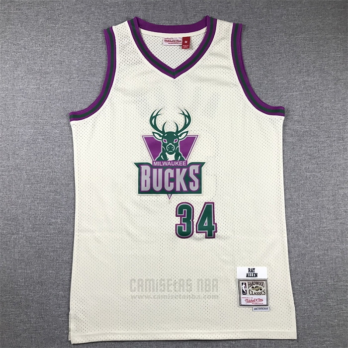 Camiseta Milwaukee Bucks Ray Allen #34 Mitchell & Ness Chainstitch Crema